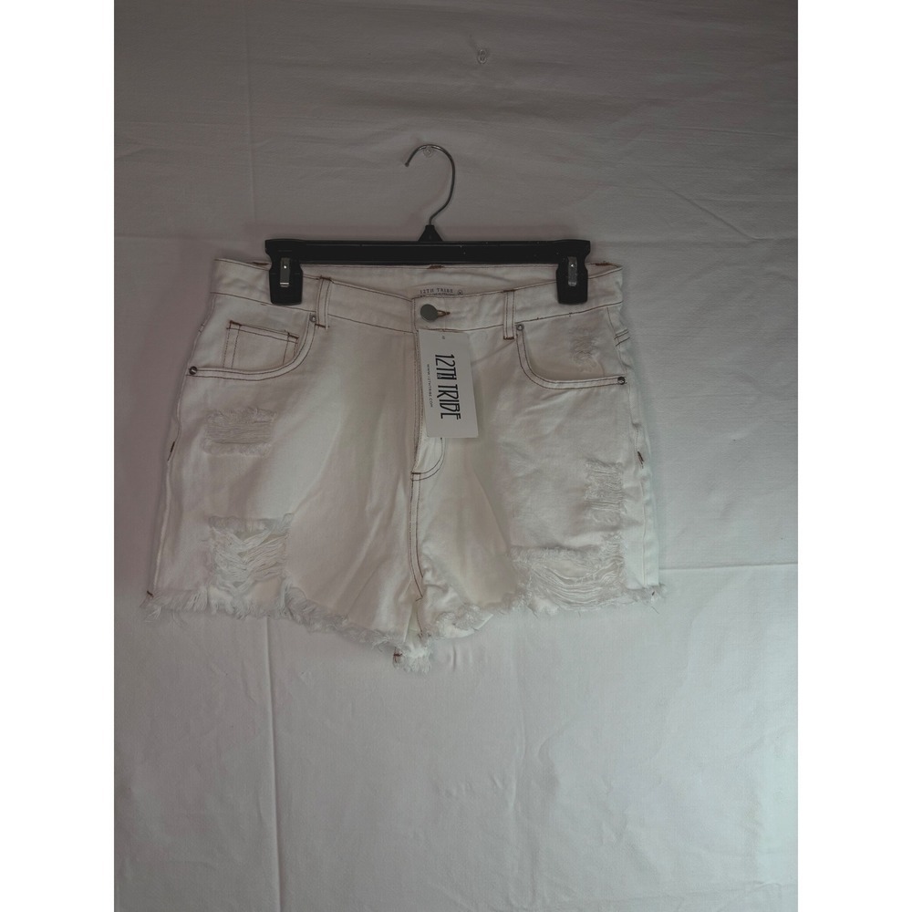12th Tribe White Distressed High-Rise Jean Shorts